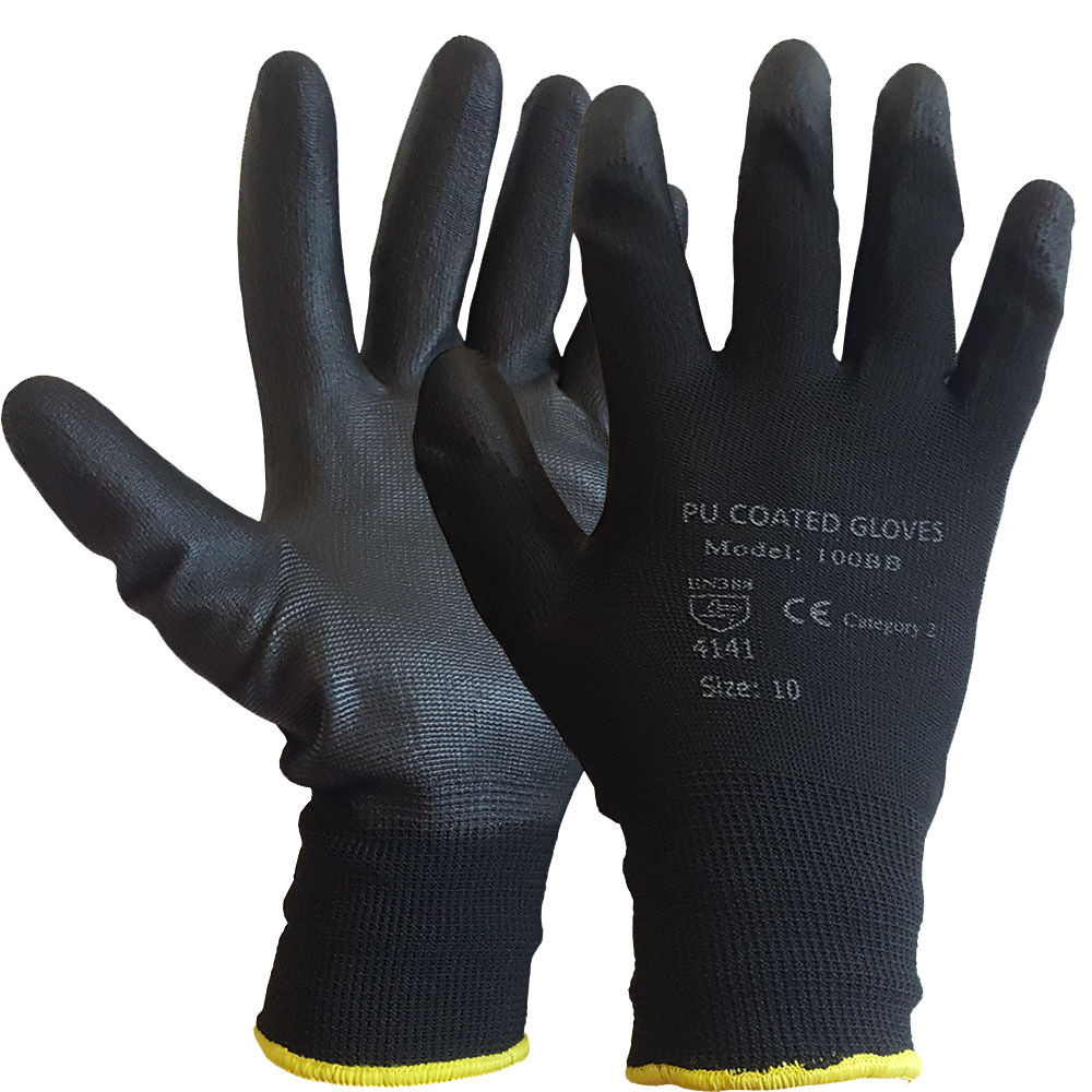 PU Black Polyurethane Coated Inspection Gloves 100BB– Size 10 / Size XL (Pack of 12)
