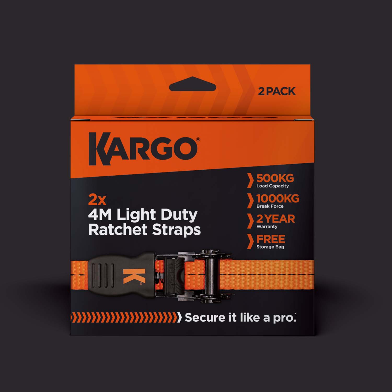 Kargo 25mm x 4m Light Duty Ratchet Strap - Pack of 2