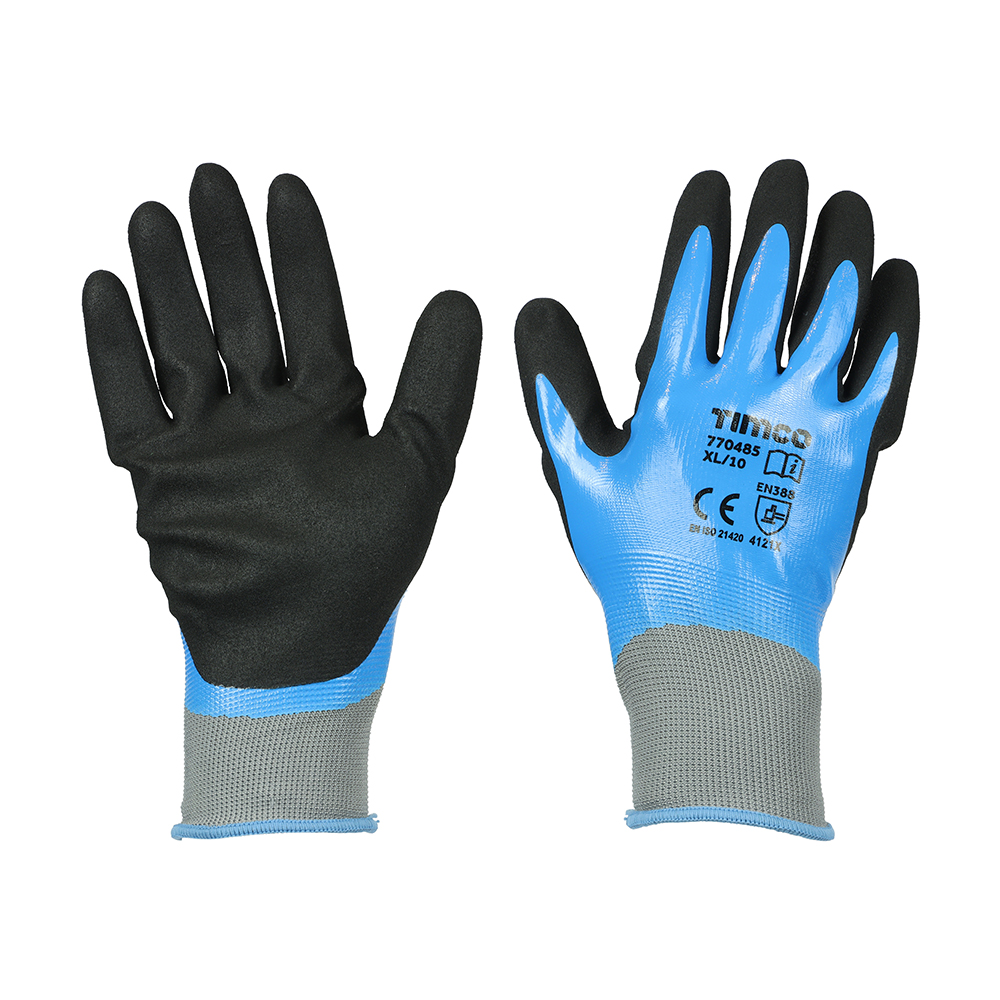 TIMco Size 10 / XL Waterproof Grip Gloves - Sandy Nitrile Foam Coated Polyester