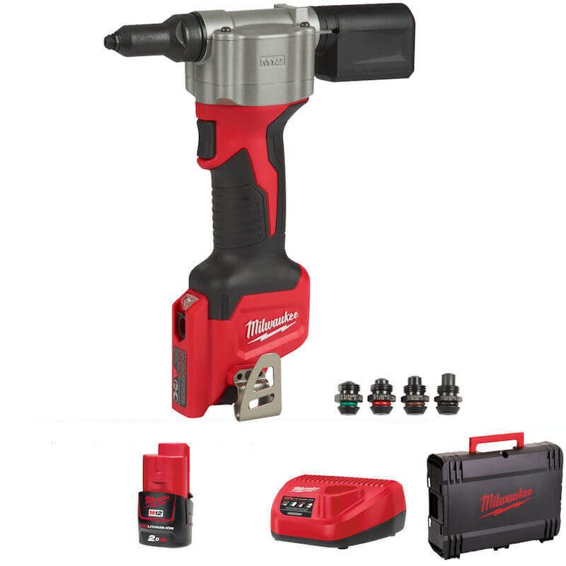 Milwaukee M12BPRT-201X Sub Compact Pop Rivet Gun Kit - Comes W/ 1 X 2.0ah Battery, Charger And Case