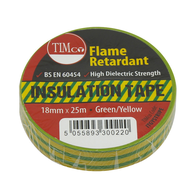 TimCo PVC Insulation Tape – Yellow & Green Stripe – 25m x 18mm