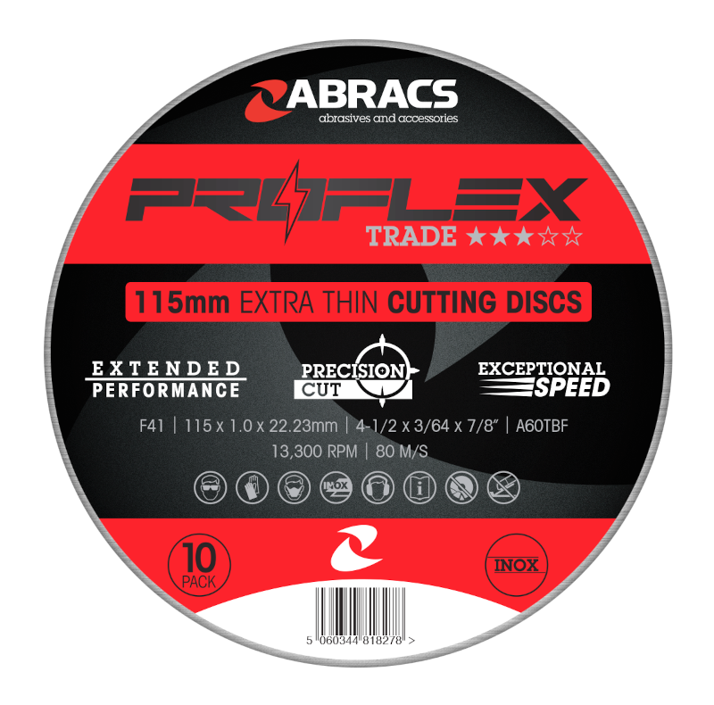 Abracs Proflex Extra Thin Cutting Disc 115mm x 1.0mm INOX. Tin of 10 FES logo discs.